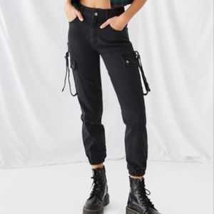 Forever 21 Black Denim Cargo Joggers Jeans Utility High Waisted Womens Size XS